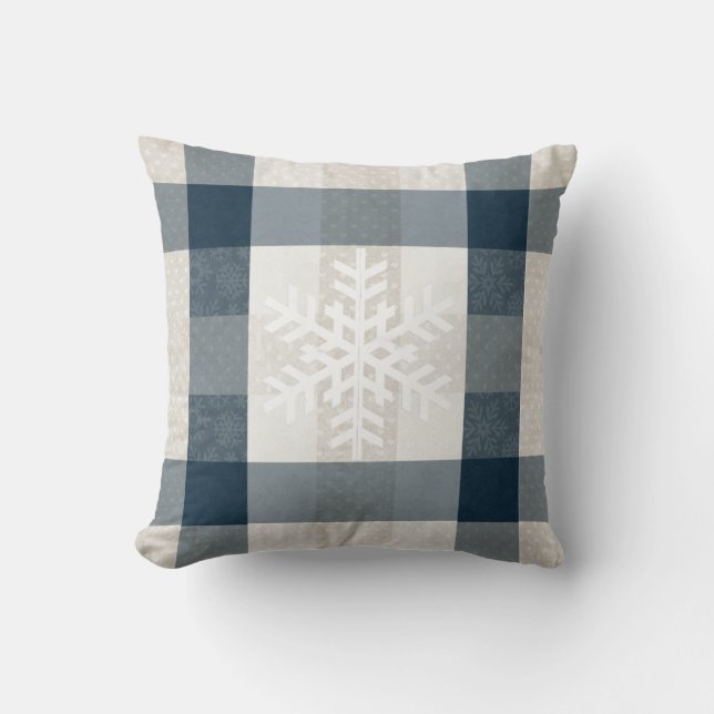 Winter Snowflake Plaid Favourite Things Blue Cream Cushion (Front)