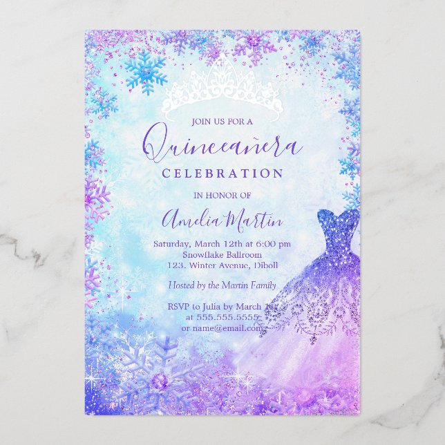 Winter Snowflake Purple Pink Blue Quinceanera Foil (Front)