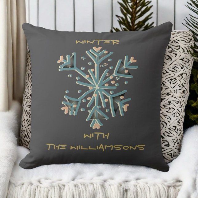 Winter snowflake script grey teal peach gold chic cushion (Creator Uploaded)