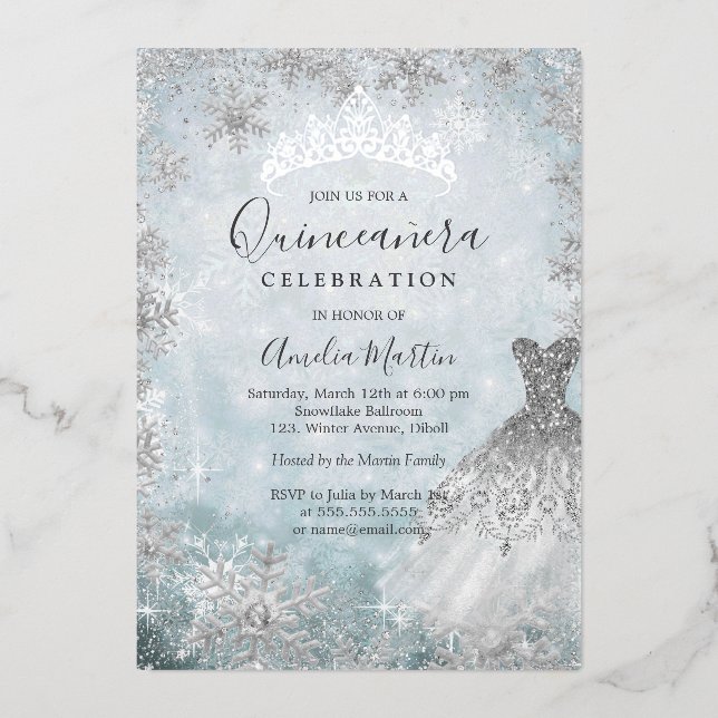 Winter Snowflake Silver Blue Quinceanera Foil Invi (Front)