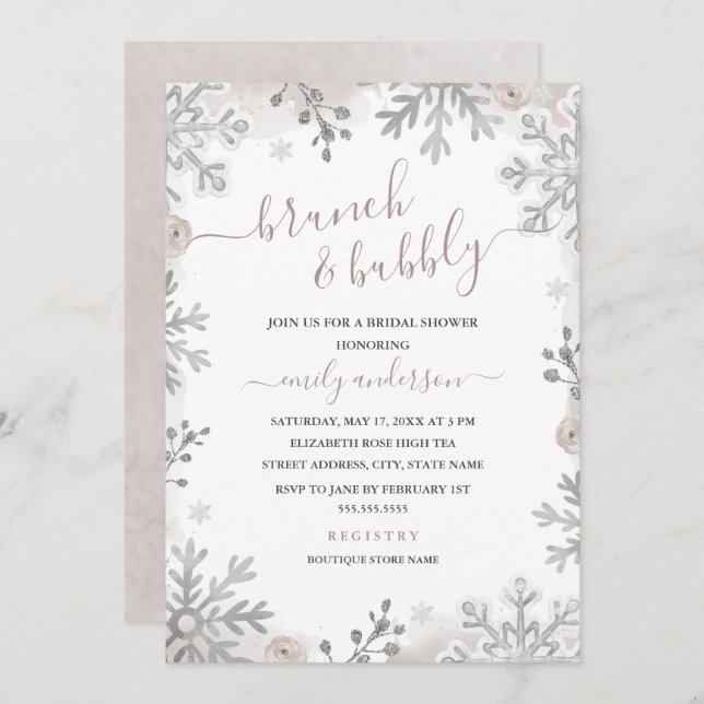 Winter Snowflake Silver Blush Brunch And Bubbly Invitation (Front/Back)
