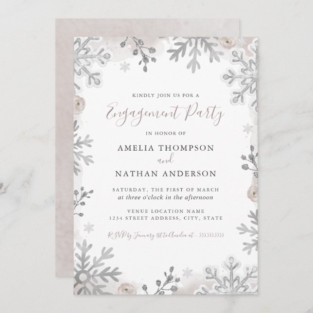 Winter Snowflake Silver Blush Engagement Party Invitation (Front/Back)