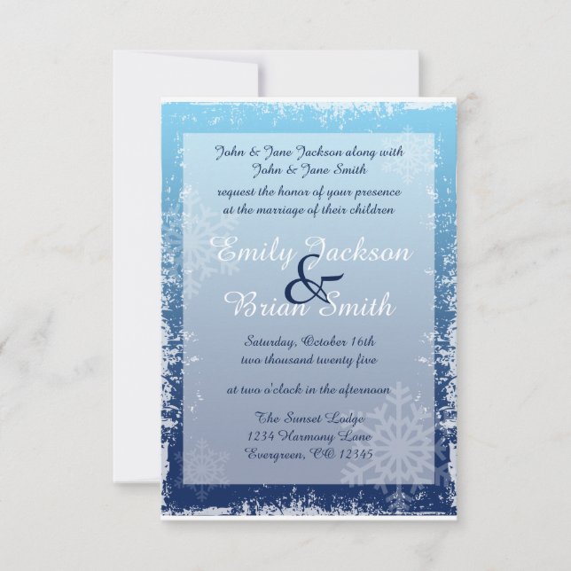 Winter snowflake snow spray custom wedding invites (Front)