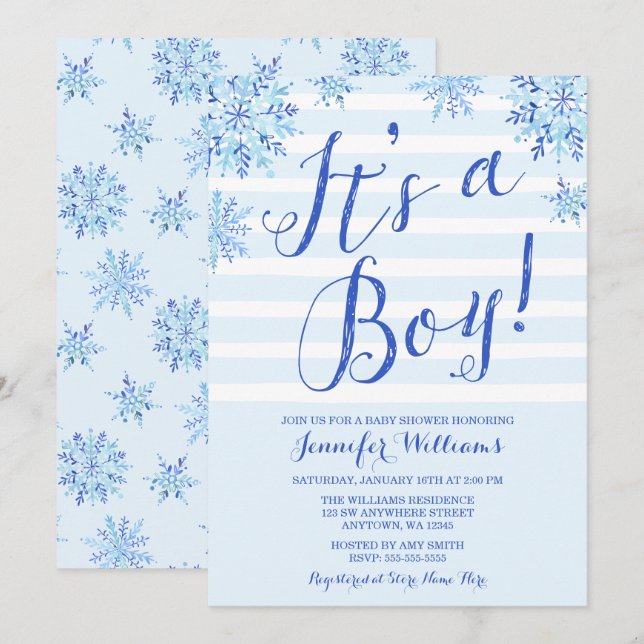 Winter Snowflake Stripes Boy Baby Shower Invites (Front/Back)