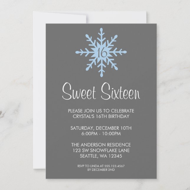 Winter Snowflake Sweet 16 Birthday Party Invitation (Front)