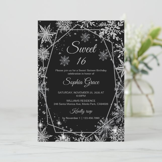 Winter Snowflake Sweet 16 Birthday Party Invitation (Standing Front)