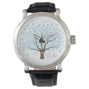 Winter Snowflake Tree Vintage Leather Strap Watch