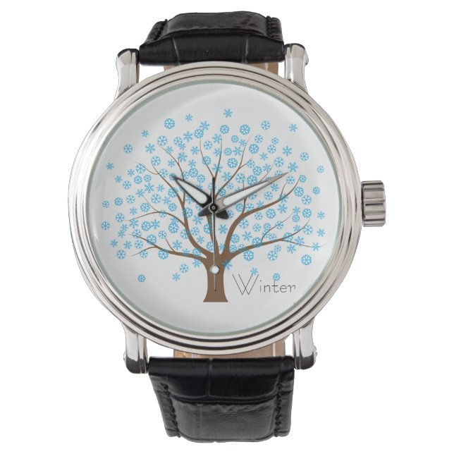 Winter Snowflake Tree Vintage Leather Strap Watch (Front)