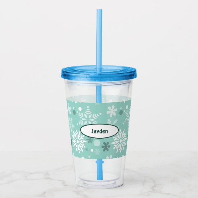 Winter Snowflake Turquoise-Blue Holiday Season Acrylic Tumbler (Front)