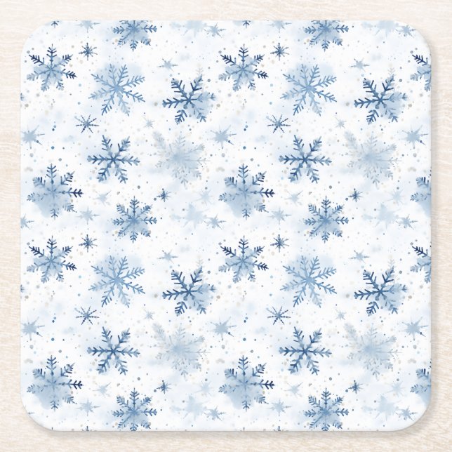 Winter snowflake watercolor pattern square paper coaster (Front)