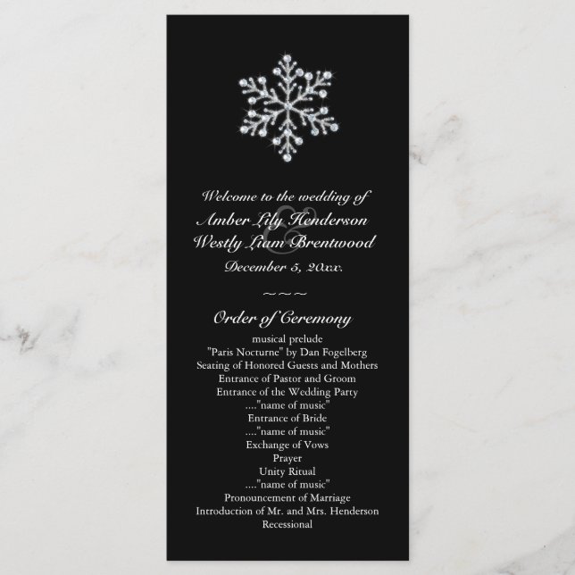 Winter Snowflake Wedding Program (black) Programme (Front)
