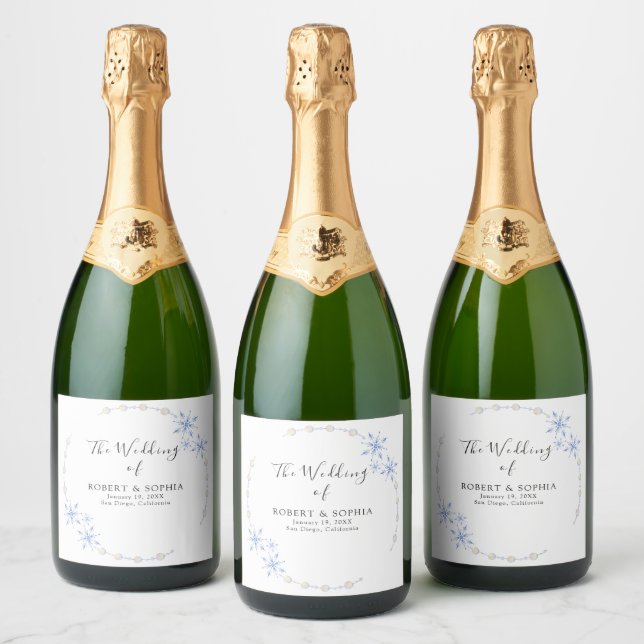 Winter Snowflake Wedding Sparkling Wine Label (Bottles)