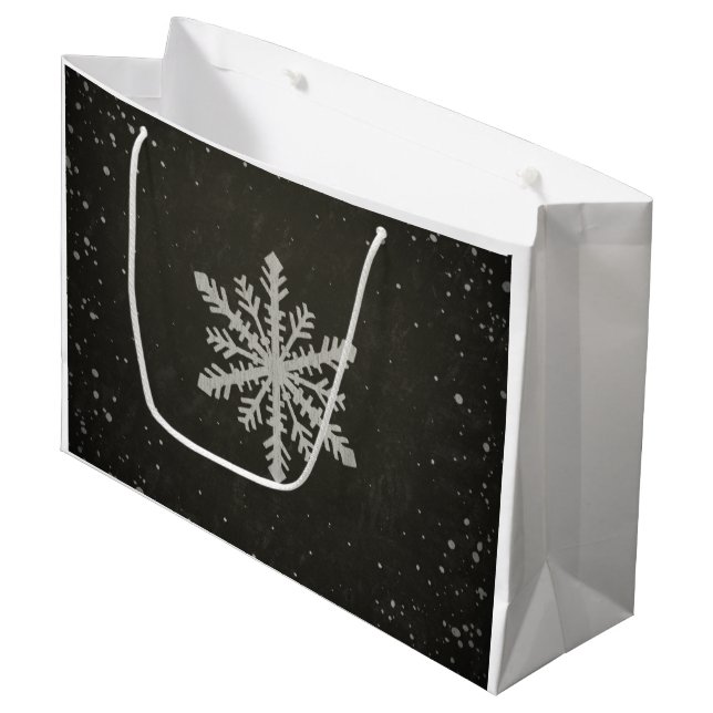 Winter Snowflake White Chalk Drawing Large Gift Bag (Front Angled)