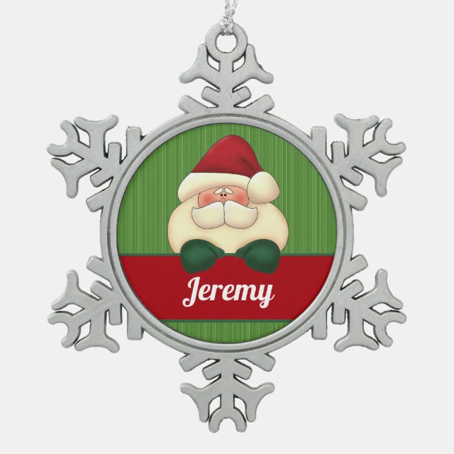 Winter Snowflake with Santa and Name Pewter Christmas Ornament (Front)