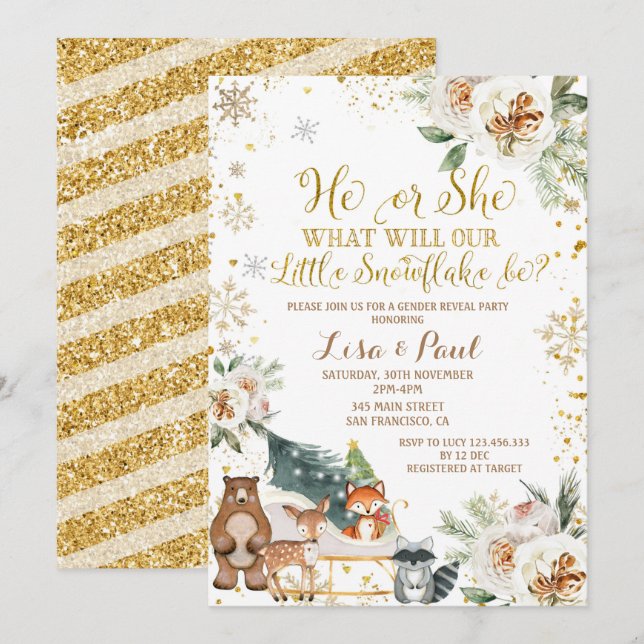 Winter Snowflake Woodland Animals Gender Reveal Invitation (Front/Back)
