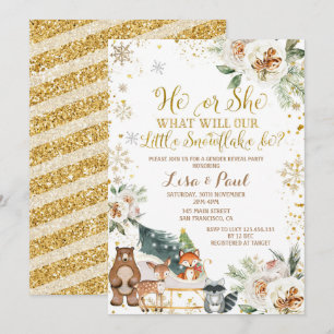 Winter Snowflake Woodland Animals Gender Reveal Invitation