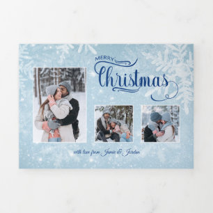 Winter Snowflakes 3-Photo Merry Christmas Script Tri-Fold Holiday Card