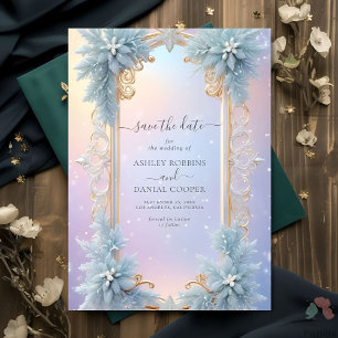 Winter Snowflakes and Blue Florals Save The Date Invitation