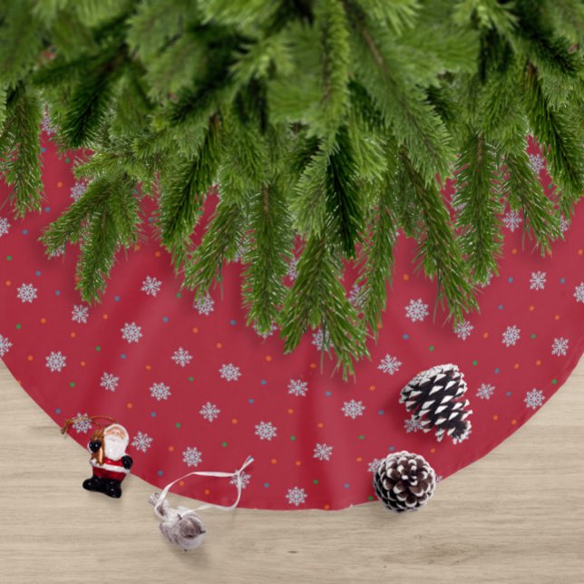 Winter snowflakes and dots pattern brushed polyester tree skirt (Elegant modern red Christmas snowflakes and dots tree skirt)