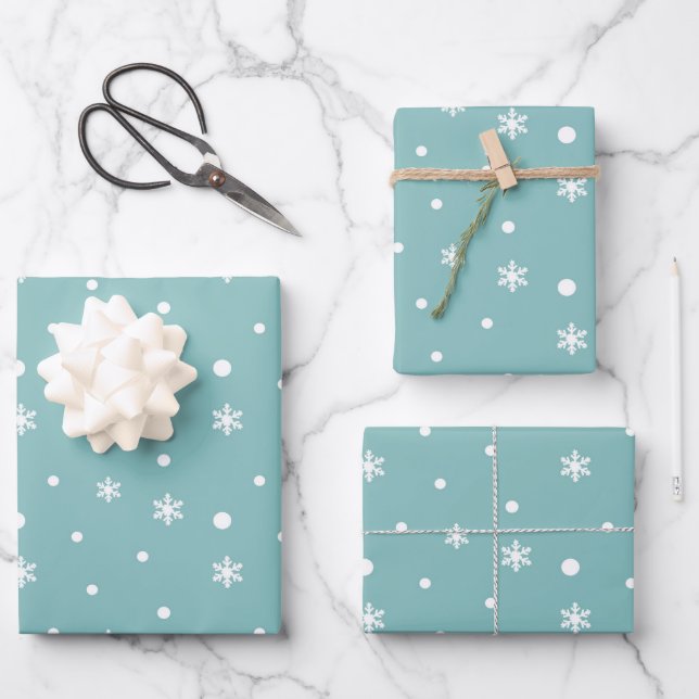 Winter Snowflakes and Polka Dots Pattern in Teal Wrapping Paper Sheet (Front)