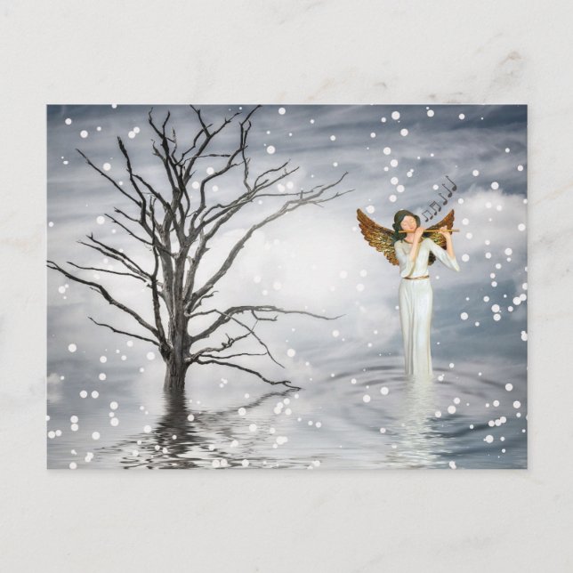Winter Snowflakes Angel Playing Flute Music  Holiday Postcard (Front)