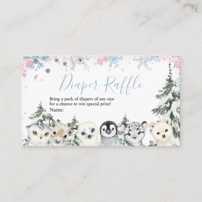 Winter Snowflakes Animal Artics Diaper Raffle Enclosure Card (Front)