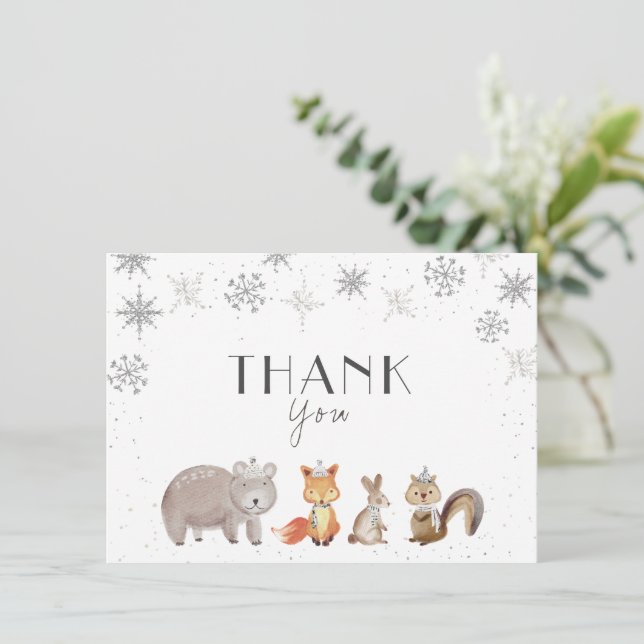 Winter Snowflakes, Animals Birthday, Baby Shower Thank You Card (Standing Front)