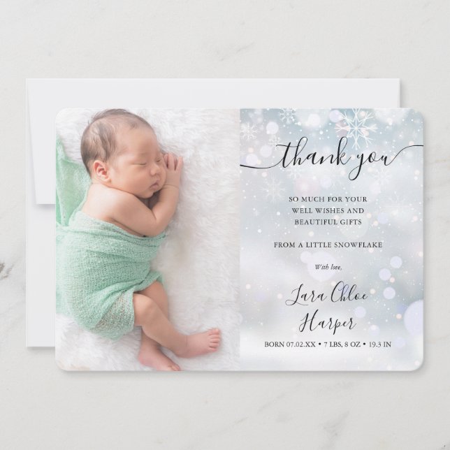 Winter Snowflakes Baby Photo Thank You Birth  Announcement (Front)