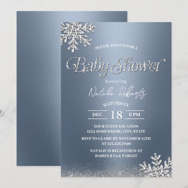 Winter Snowflakes Baby Shower Modern Dusty Blue Invitation (Front/Back)