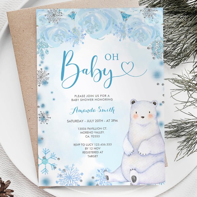 Winter Snowflakes Bear Blue Flowers Baby Shower Invitation (Creator Uploaded)