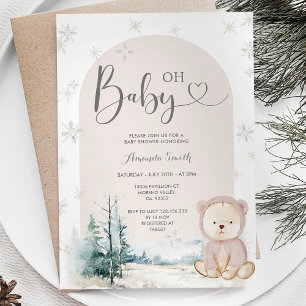 Winter Snowflakes Bear Evergreen Trees Baby Shower Invitation