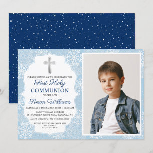 Winter Snowflakes Blue First Holy Communion Photo Invitation