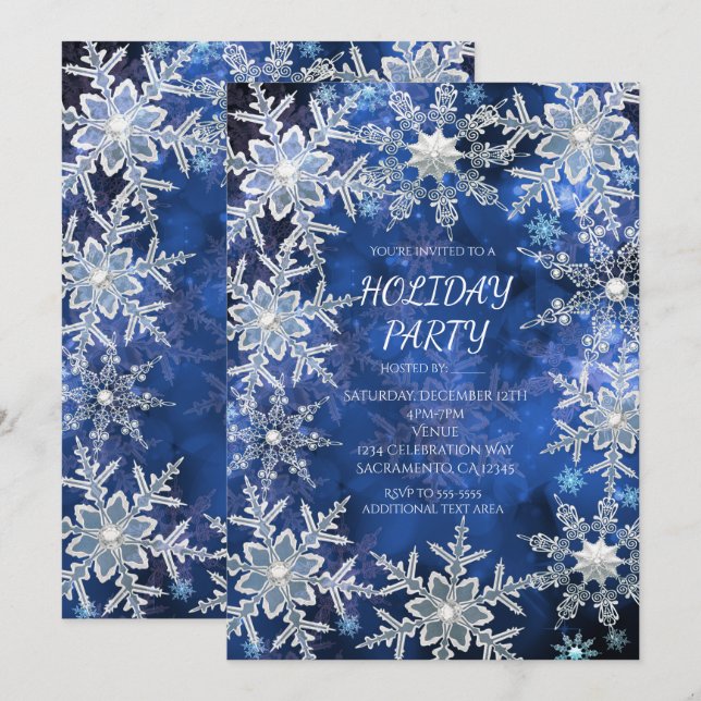 Winter Snowflakes Blue Holiday Party Invitations (Front/Back)