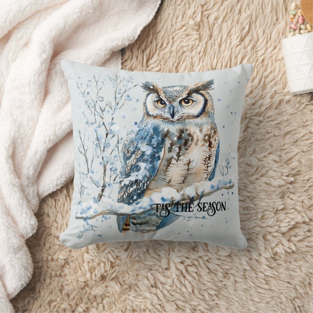 Winter Snowflakes Blue Owl Christmas Cushion (Blanket)