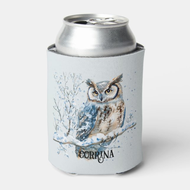 Winter Snowflakes Blue Owl Christmas Snow Can Cooler (Can Front)