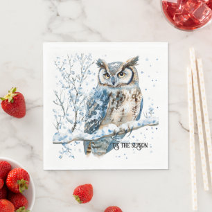 Winter Snowflakes Blue Owl Christmas Snow Napkin