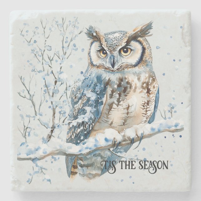 Winter Snowflakes Blue Owl Christmas Snow Stone Coaster (Front)
