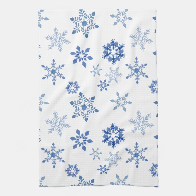 Winter snowflakes blue watercolor tea towel (Vertical)