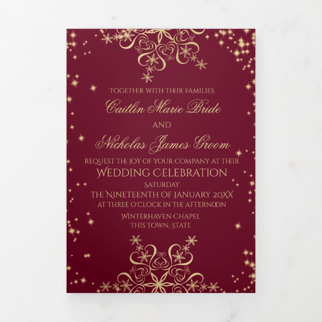 Winter Snowflakes Burgundy and Gold Sparkle Tri-Fold Card (Cover)
