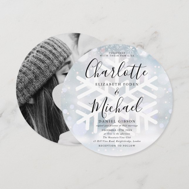 Winter Snowflakes Circular Photo Wedding Invitation (Front/Back)