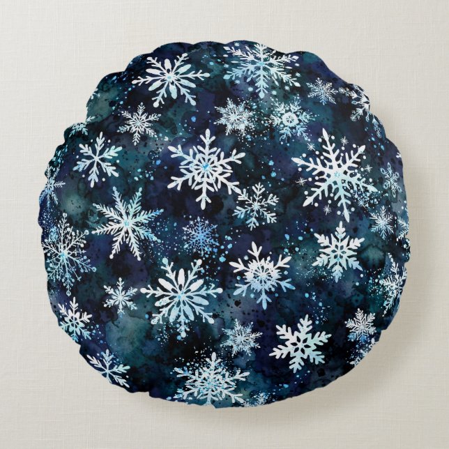 Winter Snowflakes Deep Blue Magical Night Round Cushion (Front)