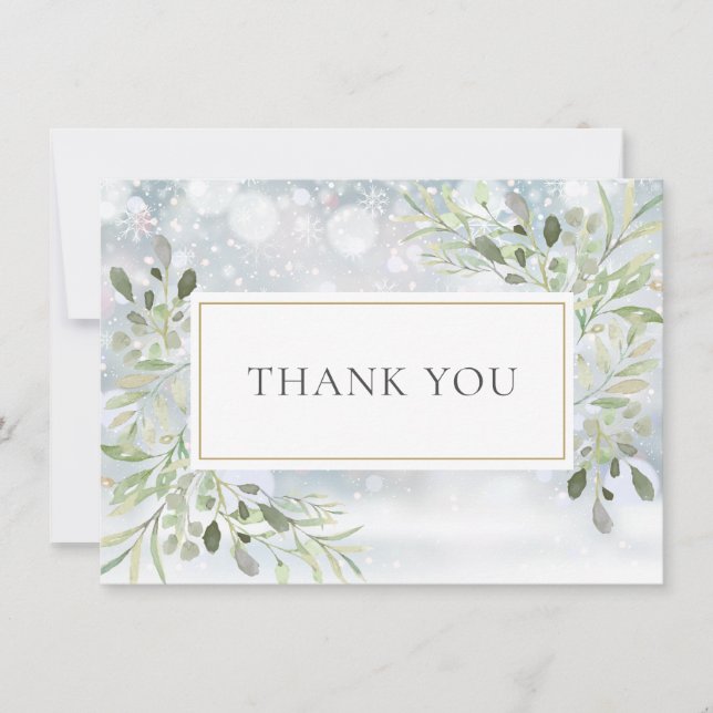 Winter Snowflakes Elegant Greenery Thank You Card (Front)
