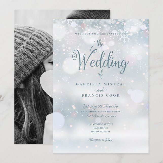 Winter Snowflakes Elegant Script Photo Wedding Invitation (Front/Back)