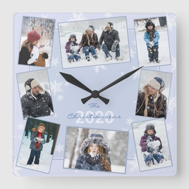 Winter Snowflakes Family Photo Collage Name Year Square Wall Clock (Front)