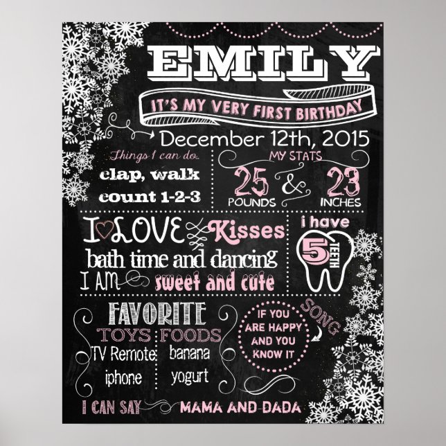 Winter Snowflakes First birthday chalkboard (123) Poster (Front)