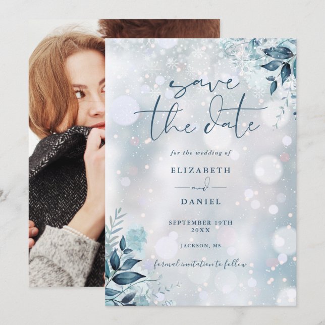 Winter Snowflakes Floral Photo Wedding Save The Date (Front/Back)