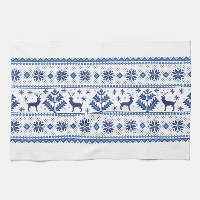 Winter Snowflakes Folk ornament pattern Tea Towel (Horizontal)