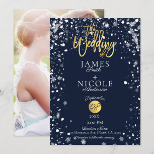 Winter Snowflakes Gold Foil Full Photo Wedding Invitation