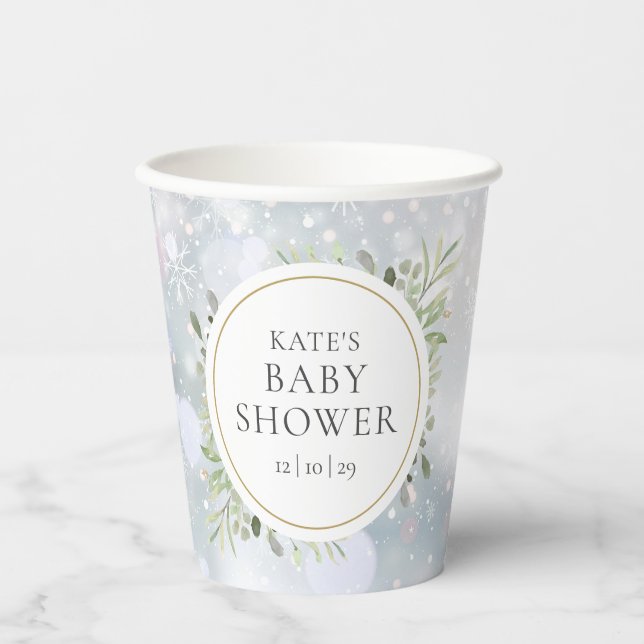 Winter Snowflakes Greenery Baby Shower Paper Cups (Front)