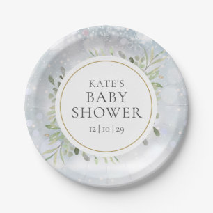 Winter Snowflakes Greenery Baby Shower Paper Plate